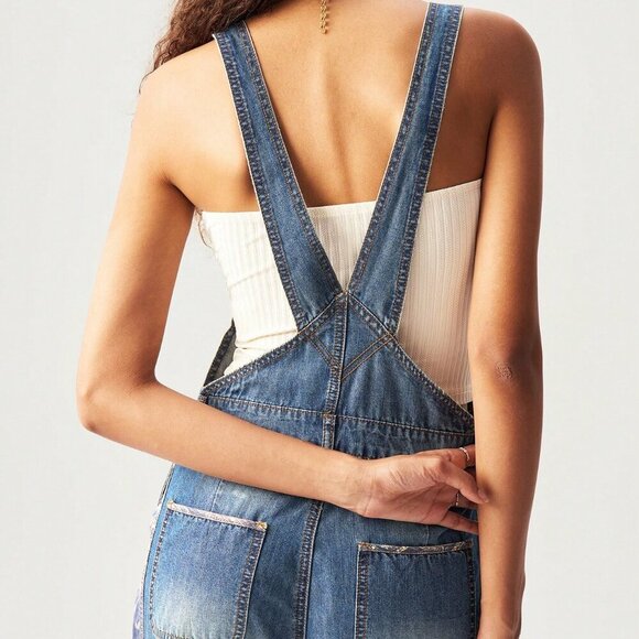 Medium Wash Casual Women's Woven Patchwork Wide-Leg Bib jumpsuit overall Pants - Picture 7 of 9